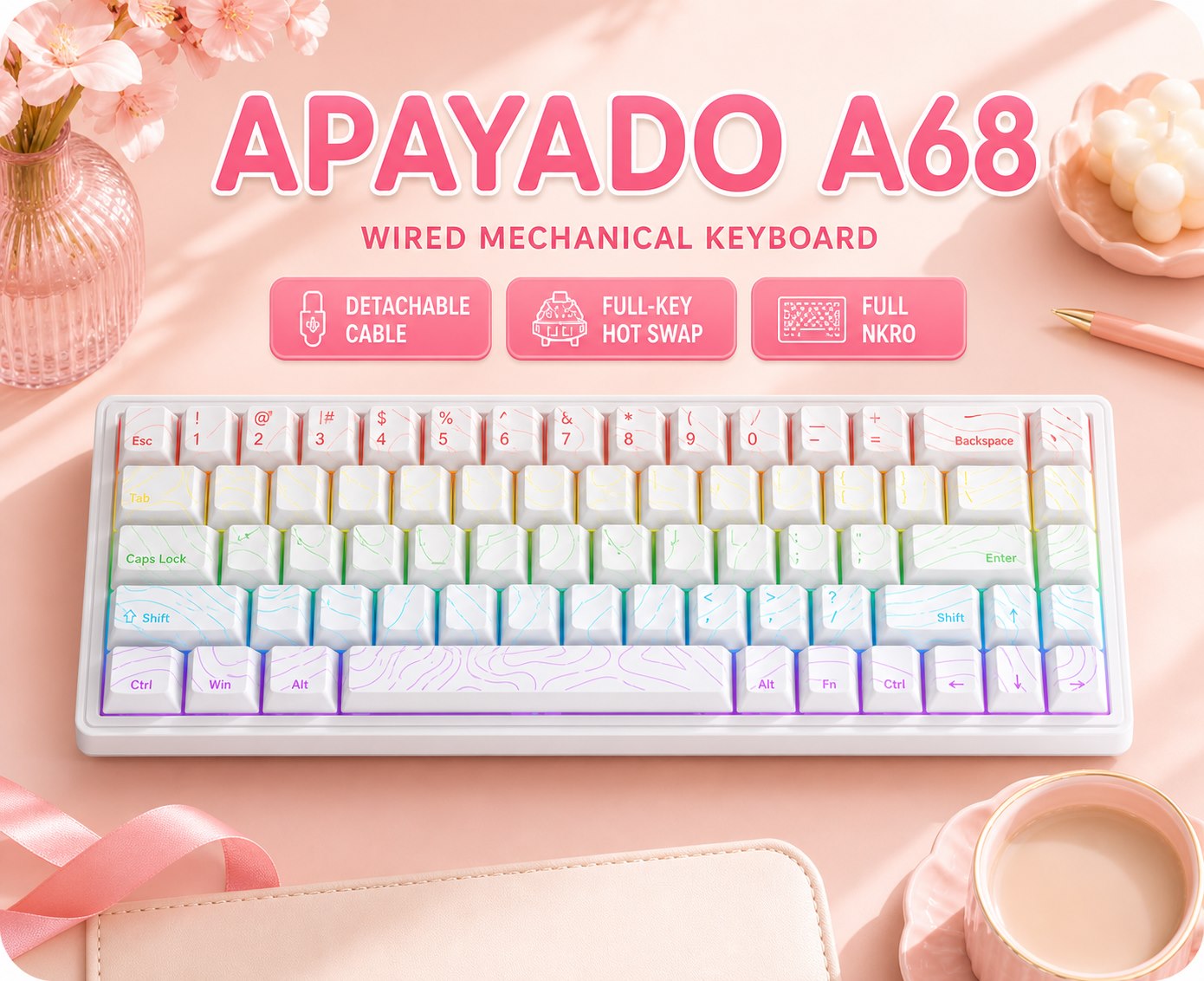 Gaming Keyboard Blue Switches - APAYADO A68 Wired Mechanical Keyboard Hot‑Swappable